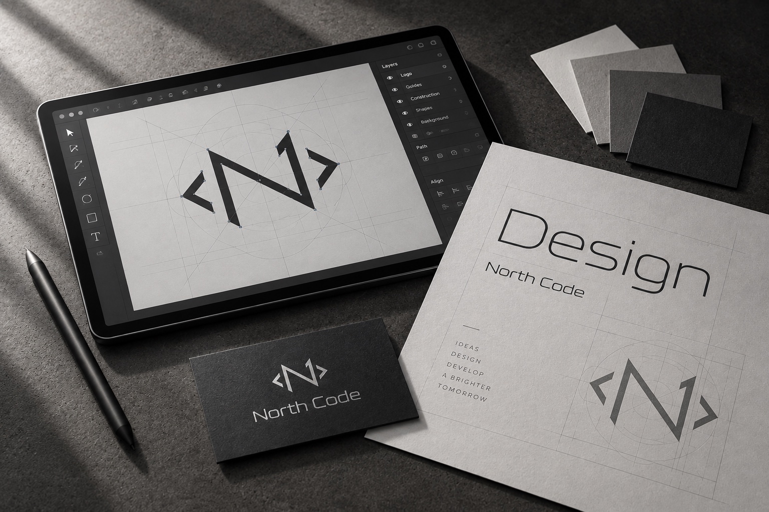 Design da identidade North Code num tablet, com estudos do símbolo e materiais gráficos